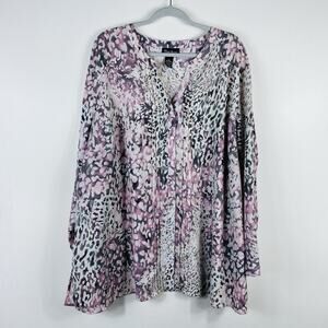 Maggie Barnes Top 3X 26 28 Pink Printed Roll Tab Sleeve Blouse